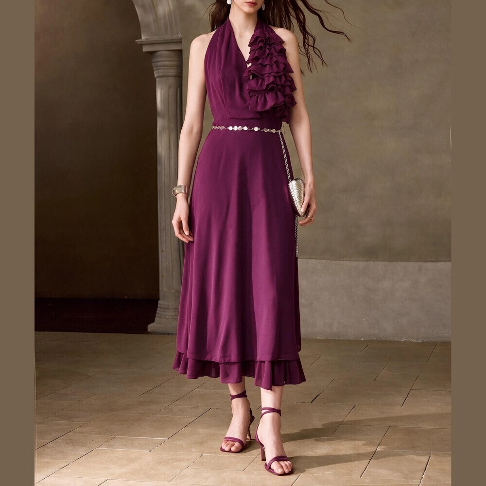 Plum Purple Chiffon Ruffle Halter Neck Tiered Hem Maxi Dress